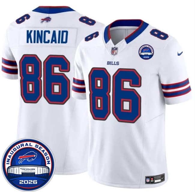 Men's Buffalo Bills 86 Dalton Kincaid White F U S E 2026 Inaugural Season at Highmark Stadium Football Stitched Jersey Men's Buffalo Bills 86 Dalton Kincaid White F U S E 2026 Inaugural Season at Highmark Stadium Football Stitched Jersey