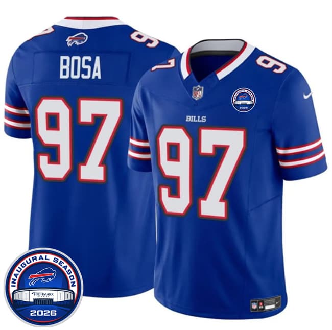 Men's Buffalo Bills 97 Joey Bosa Blue F U S E 2026 Inaugural Season at Highmark Stadium Football Stitched Jersey Men's Buffalo Bills 97 Joey Bosa Blue F U S E 2026 Inaugural Season at Highmark Stadium Football Stitched Jersey