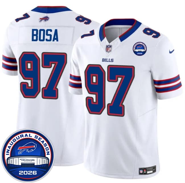 Men's Buffalo Bills 97 Joey Bosa White F U S E 2026 Inaugural Season at Highmark Stadium Football Stitched Jersey Men's Buffalo Bills 97 Joey Bosa White F U S E 2026 Inaugural Season at Highmark Stadium Football Stitched Jersey