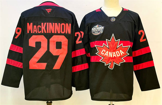 Men's Canada 29 Nathan MacKinnon Black 2025 4 Nations Face Off Premium Stitched Jersey