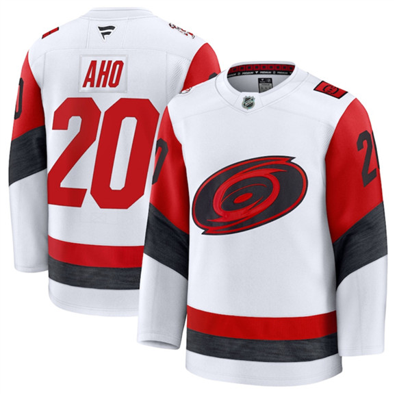Men's Carolina Hurricanes 20 Sebastian Aho White 2025 Away Stitched Hockey Jersey