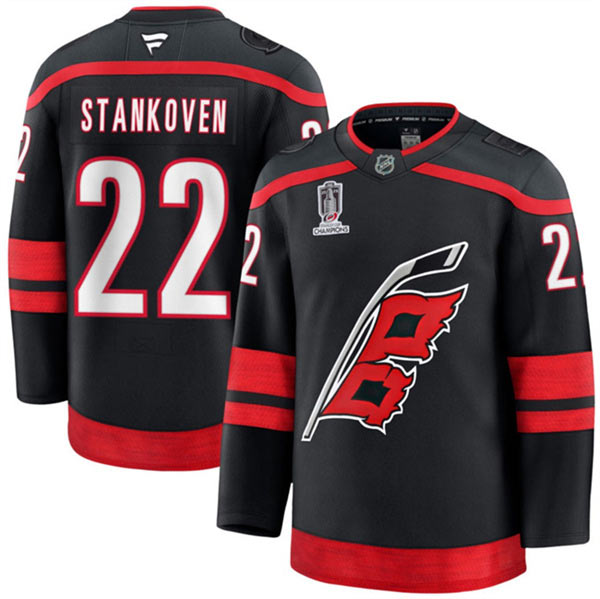 Men's Carolina Hurricanes 22 Logan Stankoven Black 2026 Stanley Cup Champions Home Stitched Hockey Jersey Men's Carolina Hurricanes 22 Logan Stankoven Black 2026 Stanley Cup Champions Home Stitched Hockey Jersey
