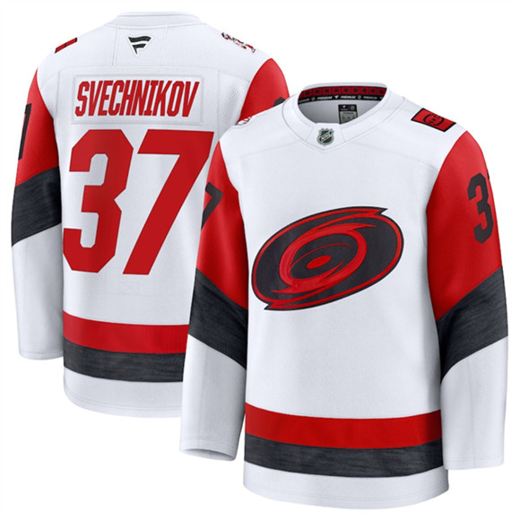Men's Carolina Hurricanes 37 Andrei Svechnikov White 2025 Away Stitched Hockey Jersey