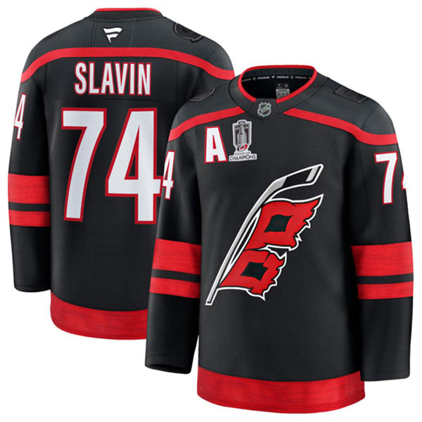 Men's Carolina Hurricanes 74 Jaccob Slavin Black 2026 Stanley Cup Champions And A Patch Home Stitched Hockey Jersey Men's Carolina Hurricanes 74 Jaccob Slavin Black 2026 Stanley Cup Champions And A Patch Home Stitched Hockey Jersey