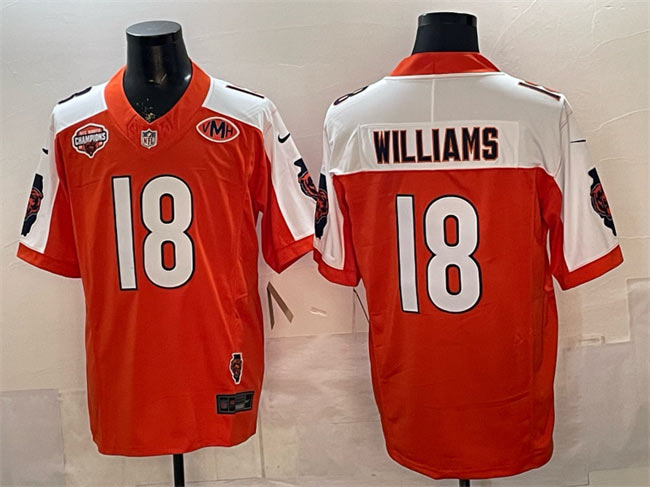 Men's Chicago Bears 18 Caleb Williams Orange White F.U.S.E. 2025 NFC North Champions & VMH Patch Vapor Untouchable Limited Stitched Football Jersey