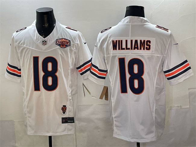 Men's Chicago Bears 18 Caleb Williams White F.U.S.E. 2025 NFC North Division Champions & Illinois Patch Stitched Football Jersey
