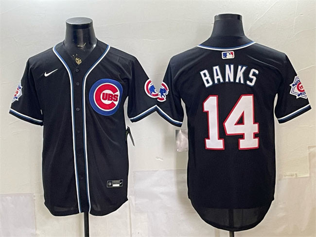Men's Chicago Cubs 14 Ernie Banks 150th Anniversary Black Out Style Vapor Premier Limited Stitched Baseball Jersey