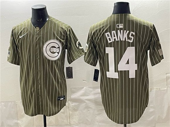 Men's Chicago Cubs 14 Ernie Banks Pinstripe Olive 2026 Armed Forces Day Salute To Service Stitched Baseball Jersey Men's Chicago Cubs 14 Ernie Banks Pinstripe Olive 2026 Armed Forces Day Salute To Service Stitched Baseball Jersey