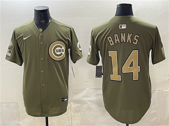 Men's Chicago Cubs 14 Ernie Banks Royal Olive 2026 Armed Forces Day Salute To Service Stitched Baseball Jersey Men's Chicago Cubs 14 Ernie Banks Royal Olive 2026 Armed Forces Day Salute To Service Stitched Baseball Jersey