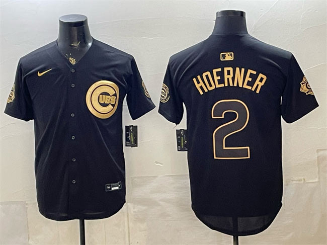 Men's Chicago Cubs 2 Nico Hoerner Black Gold 150th Anniversary Patch Stitched Baseball Jersey