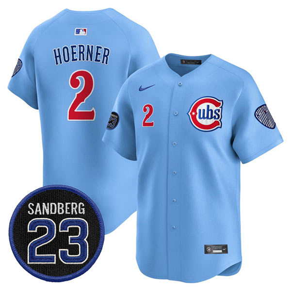 Men's Chicago Cubs 2 Nico Hoerner Blue 'Ryne Sandberg Tribute' Vapor Limited V2 Stitched Baseball Jersey