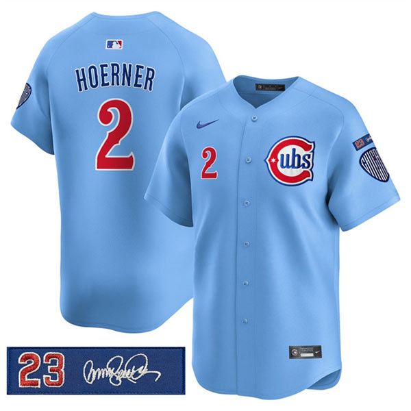 Men's Chicago Cubs 2 Nico Hoerner Blue 'Ryne Sandberg Tribute' Vapor Limited V3 Stitched Baseball Jersey