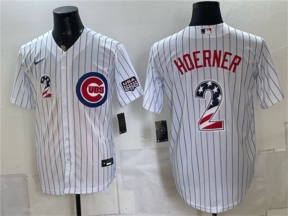 Men's Chicago Cubs 2 Nico Hoerner White 2026 USA 250 Fourth of July Home Stadium Stitched Baseball Jersey Men's Chicago Cubs 2 Nico Hoerner White 2026 USA 250 Fourth of July Home Stadium Stitched Baseball Jersey