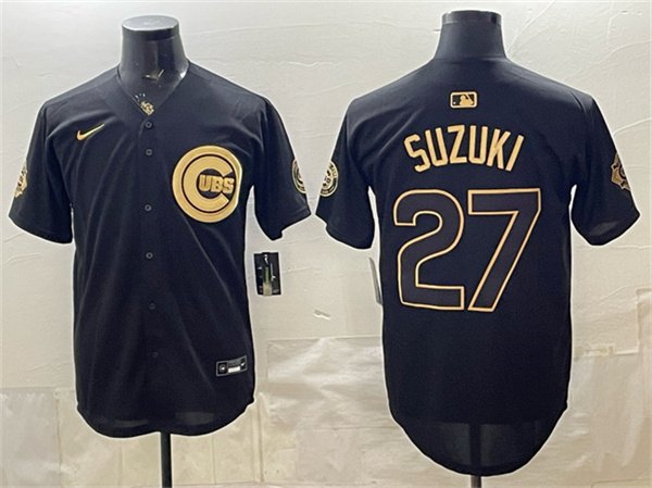 Men's Chicago Cubs 27 Seiya Suzuki Black Gold 150th Anniversary Patch Stitched Baseball Jersey Men's Chicago Cubs 27 Seiya Suzuki Black Gold 150th Anniversary Patch Stitched Baseball Jersey