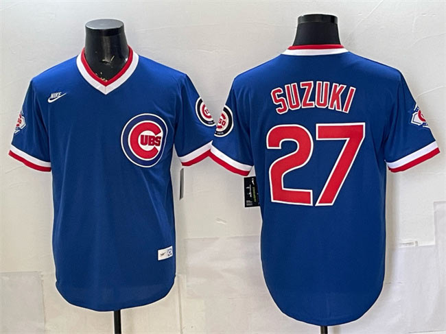 Men's Chicago Cubs 27 Seiya Suzuki Royal 150th Anniversary Throwback Vapor Limited Stitched Baseball Jersey