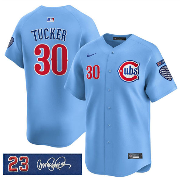 Men's Chicago Cubs 30 Kyle Tucker Blue 'Ryne Sandberg Tribute' Vapor Limited V3 Stitched Baseball Jersey