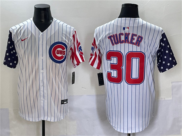 Men's Chicago Cubs 30 Kyle Tucker White Pinstripe 2025 Independence Day Vapor Premier Limited Stitched Baseball Jersey
