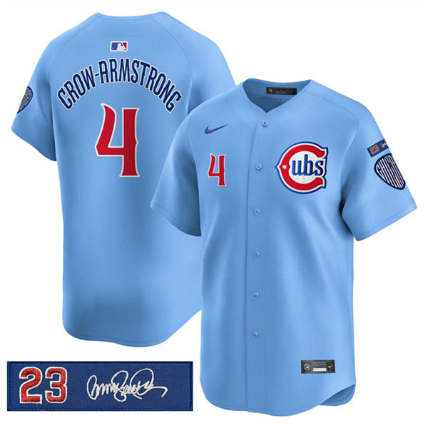 Men's Chicago Cubs 4 Pete Crow Armstrong Blue 'Ryne Sandberg Tribute' Vapor Limited V3 Stitched Baseball Jersey