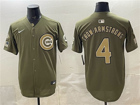 Men's Chicago Cubs 4 Pete Crow Armstrong Olive 2026 Armed Forces Day Stitched Baseball Jersey Men's Chicago Cubs 4 Pete Crow Armstrong Olive 2026 Armed Forces Day Stitched Baseball Jersey