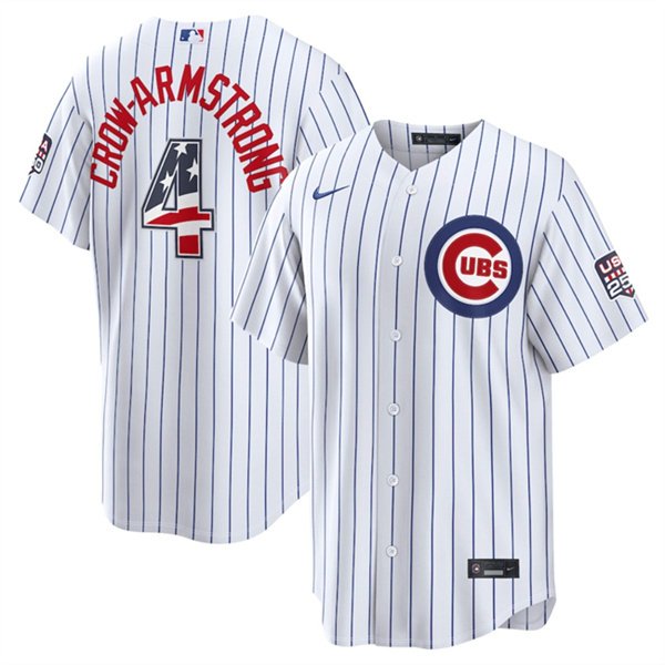 Men's Chicago Cubs 4 Pete Crow Armstrong White 2026 USA 250 Fourth of July Home Stadium Stitched Baseball Jersey Men's Chicago Cubs 4 Pete Crow Armstrong White 2026 USA 250 Fourth of July Home Stadium Stitched Baseball Jersey