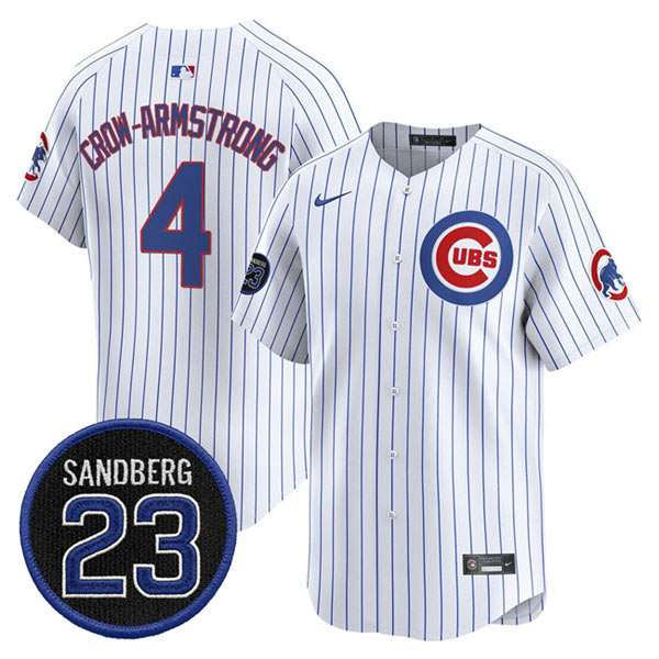 Men's Chicago Cubs 4 Pete Crow Armstrong White Pinstripe 'Ryne Sandberg Tribute' Vapor Limited V2 Stitched Baseball Jersey