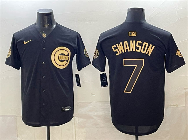 Men's Chicago Cubs 7 Dansby Swanson Black Gold 150th Anniversary Patch Stitched Baseball Jersey