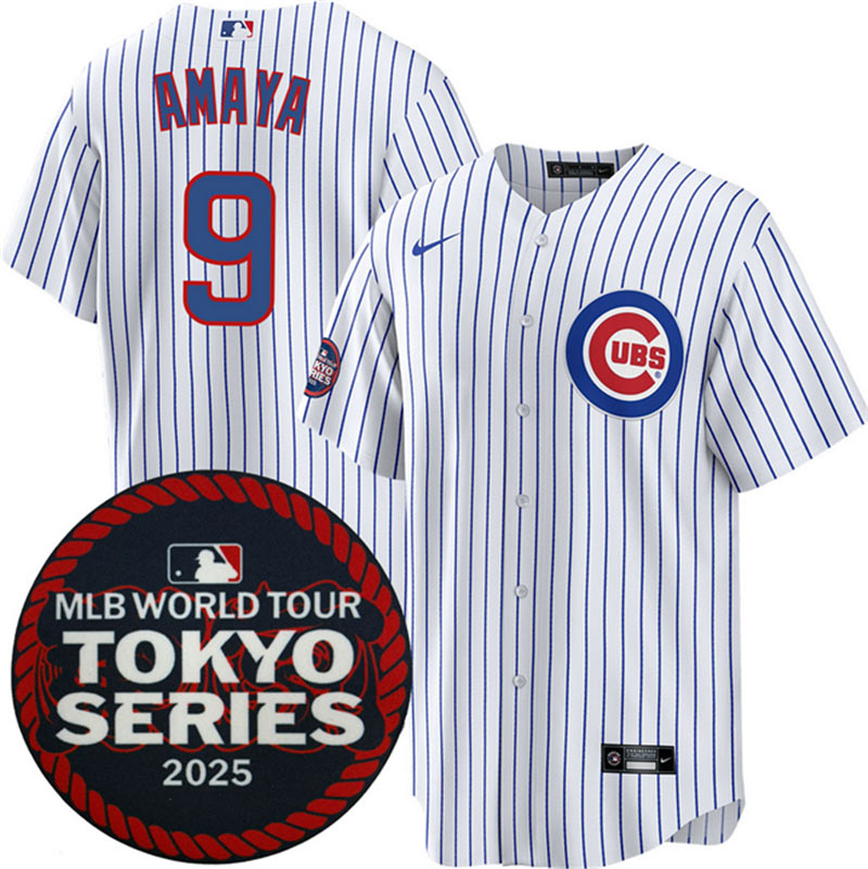 Men's Chicago Cubs 9 Miguel Amaya White 2025 World Tour Tokyo Series Home Stitched Baseball Jersey