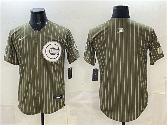 Men's Chicago Cubs Blank Pinstripe Olive 2026 Armed Forces Day Salute To Service Stitched Baseball Jersey Men's Chicago Cubs Blank Pinstripe Olive 2026 Armed Forces Day Salute To Service Stitched Baseball Jersey