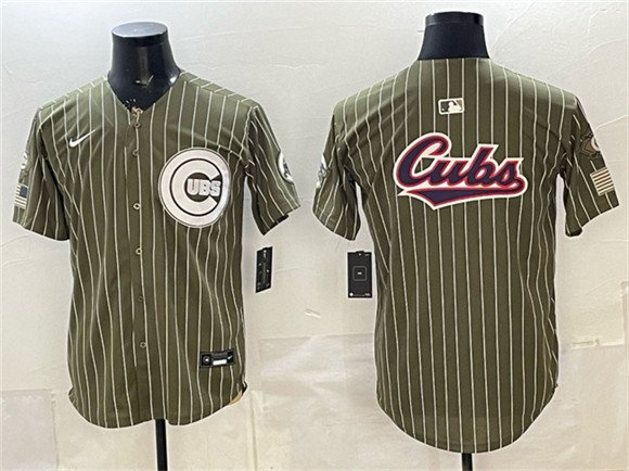 Men's Chicago Cubs Team Big Logo Pinstripe Olive 2026 Armed Forces Day Salute To Service Stitched Baseball Jersey Men's Chicago Cubs Team Big Logo Pinstripe Olive 2026 Armed Forces Day Salute To Service Stitched Baseball Jersey