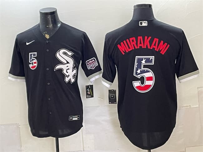 Men's Chicago White Sox 5 Munetaka Murakami Black 2026 USA 250 Fourth of July Stitched Baseball Jersey Men's Chicago White Sox 5 Munetaka Murakami Black 2026 USA 250 Fourth of July Stitched Baseball Jersey