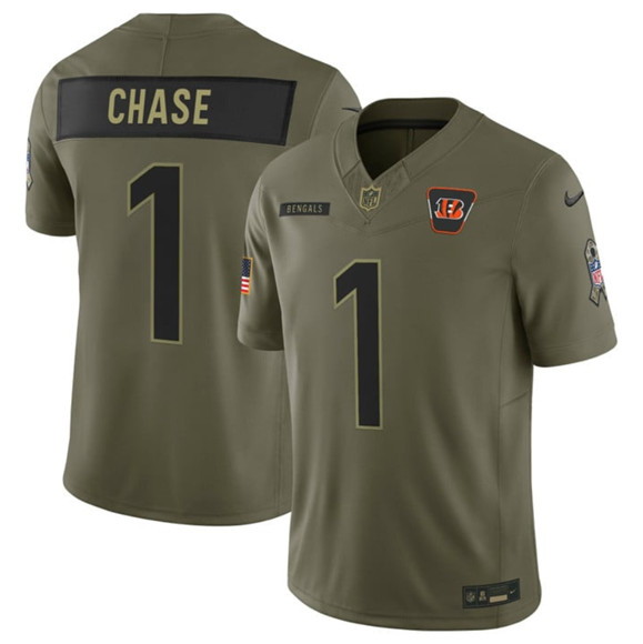 Men's Cincinnati Bengals 1 Ja'Marr Chase Olive 2025 Salute to Service Limited Football Stitched Jersey