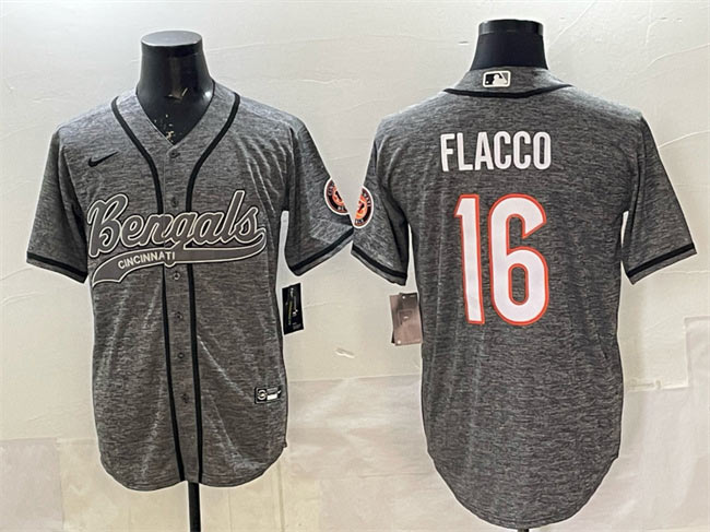 Men's Cincinnati Bengals 16 Joe Flacco Grey With Patch Cool Base Stitched Baseball Jersey