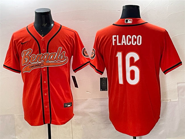 Men's Cincinnati Bengals 16 Joe Flacco Orange With Patch Cool Base Stitched Baseball Jersey