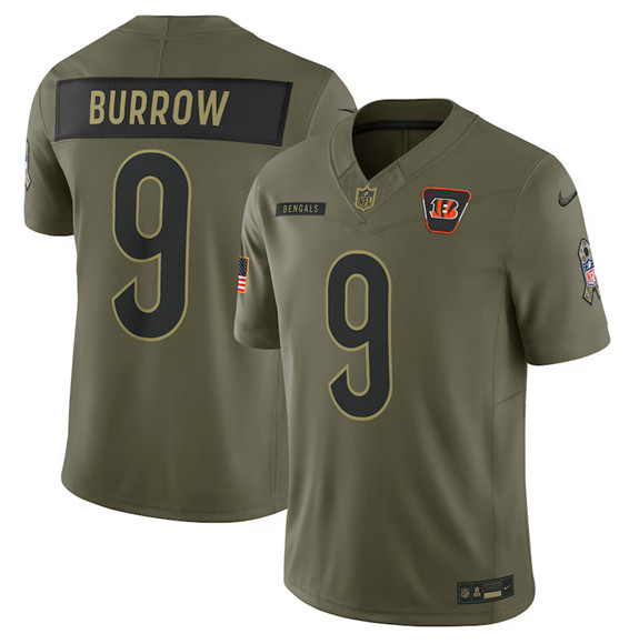 Men's Cincinnati Bengals 9 Joe Burrow Olive 2025 Salute to Service Limited Football Stitched Jersey