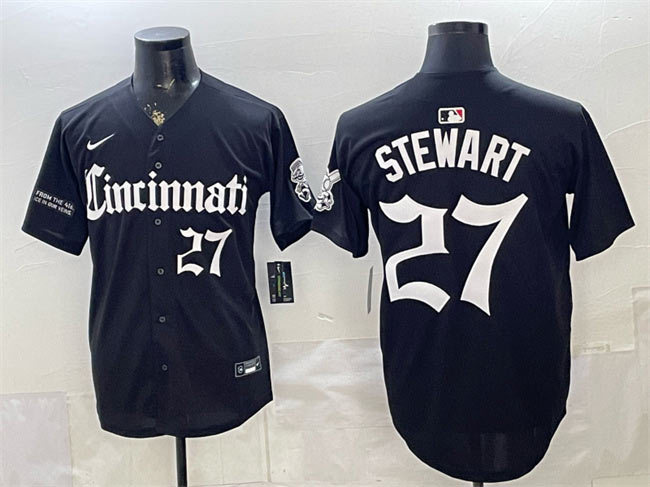 Men's Cincinnati Reds 27 Sal Stewart Black 'Gothic Queen City Edition' Vapor Premier Limited Stitched Baseball Jersey