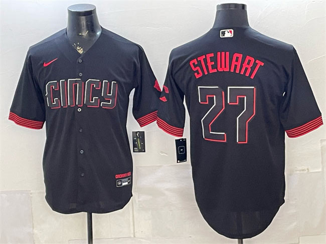 Men's Cincinnati Reds 27 Sal Stewart Black City Connect Cool Base Stitched Baseball Jersey