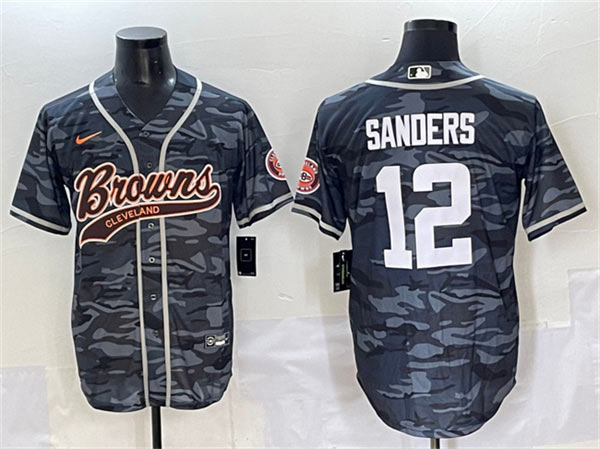 Men's Cleveland Browns 12 Shedeur Sanders Gray Camo With Patch Cool Base Stitched Baseball Jersey