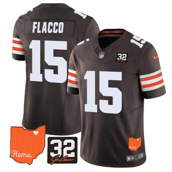 Men's Cleveland Browns 15 Joe Flacco Brown 2025 F.U.S.E. With Jim Brown Memorial & Home Patch Vapor Limited Football Stitched Jersey