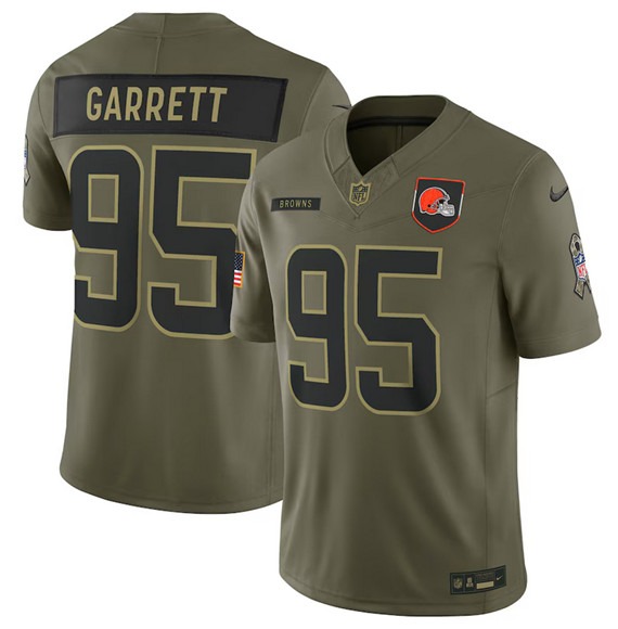 Men's Cleveland Browns 95 Myles Garrett Olive 2025 Salute to Service Limited Football Stitched Jersey