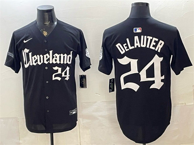 Men's Cleveland Guardians 24 Chase DeLauter Black Gothic Vapor Premier Limited Stitched Baseball Jersey