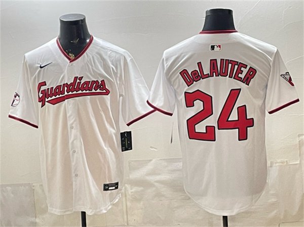 Men's Cleveland Guardians 24 Chase DeLauter White Home Limited Stitched Baseball Jersey Men's Cleveland Guardians 24 Chase DeLauter White Home Limited Stitched Baseball Jersey