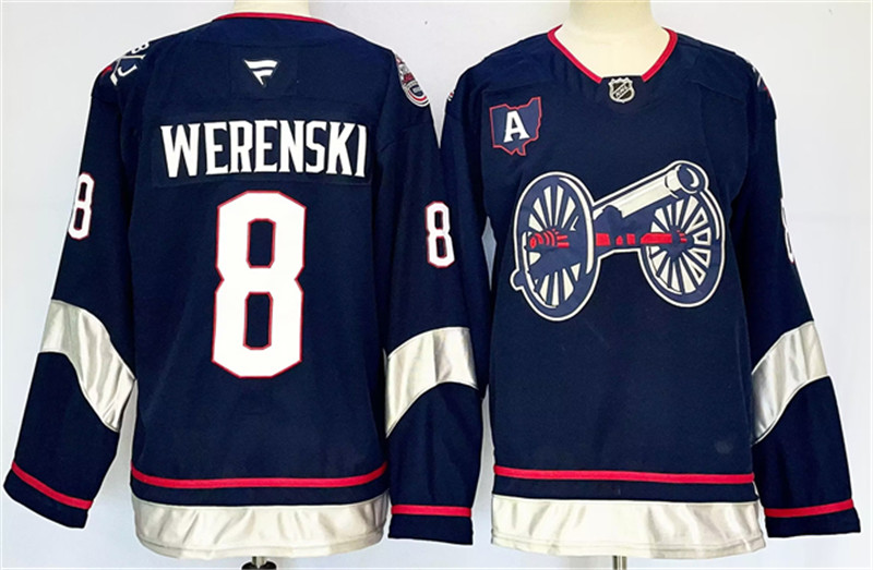 Men's Columbus Blue Jackets 8 Zach Werenski Navy 2024 25 With A Patch Stitched Hockey Jersey