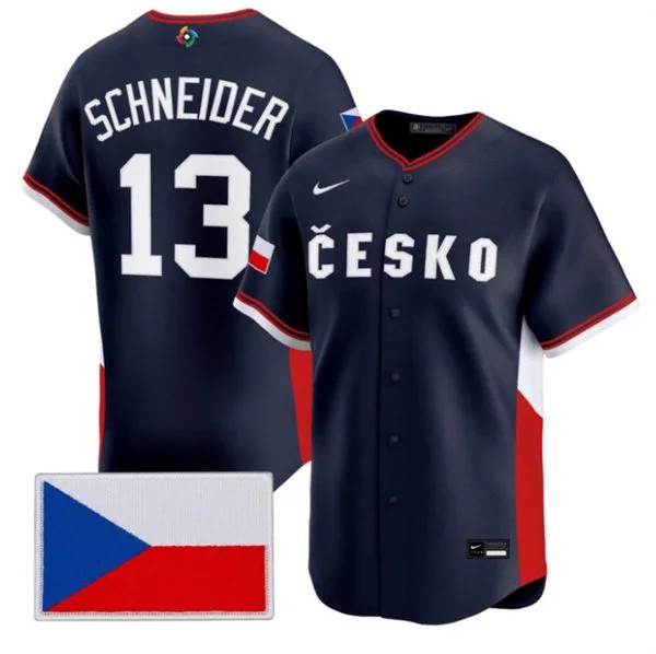 Men's Czech Republic Baseball 13 Martin Schneider Nike Navy 2026 World Baseball Classic Jersey