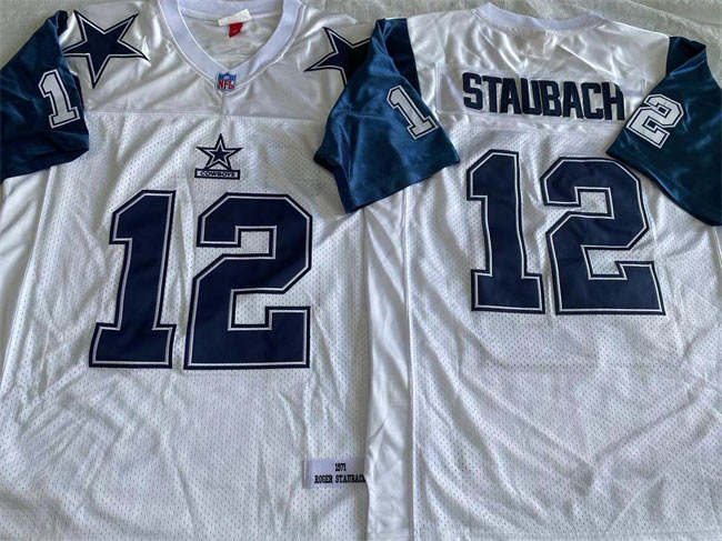 Men's Dallas Cowboys 12 Roger Staubach White Throwback Stitched Football Jersey
