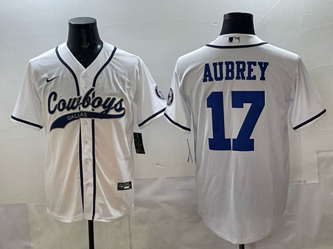 Men's Dallas Cowboys 17 Brandon Aubrey White Cool Base Stitched Baseball Jersey