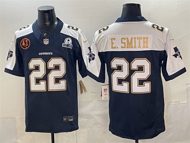 Men's Dallas Cowboys 22 Emmitt Smith Navy F.U.S.E. With John Madden Patch & Established In 1960 Patch Thanksgiving Vapor Limited Stitched Football Jersey