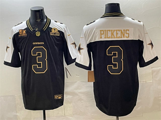 Men's Dallas Cowboys 3 George pickens Black Gold 2025 F.U.S.E. With 5x Super Bowl Champions & Established In 1960 Patch Vapor Limited Stitched Football Jersey
