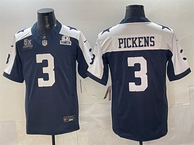 Men's Dallas Cowboys 3 George pickens Navy F.U.S.E. With 5x Super Bowl Champions & Established In 1960 Patch Thanksgiving Vapor Limited Stitched Football Jersey