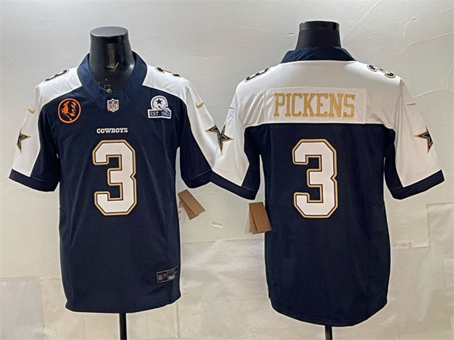 Men's Dallas Cowboys 3 George pickens Navy F.U.S.E. With John Madden Patch & Established In 1960 Patch Thanksgiving Vapor Limited Stitched Football Jersey