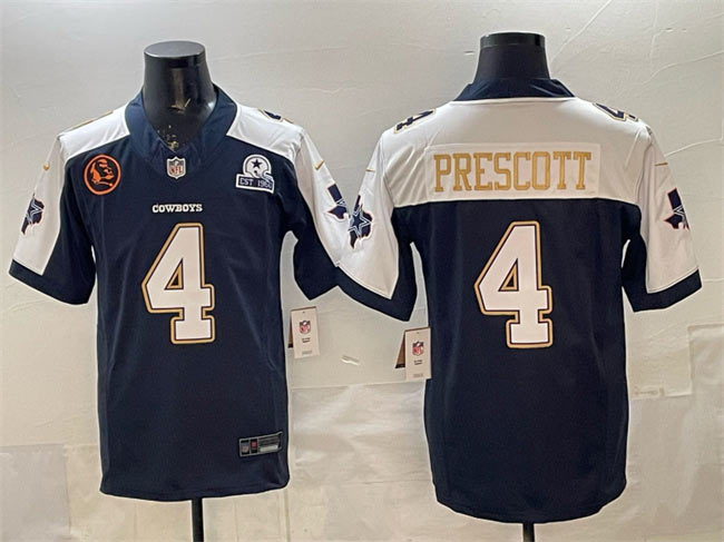 Men's Dallas Cowboys 4 Dak Prescott Navy F.U.S.E. With John Madden Patch & Established In 1960 Patch Thanksgiving Vapor Limited Stitched Football Jersey